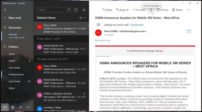 Windows 10 Mail正式支持Dark主题