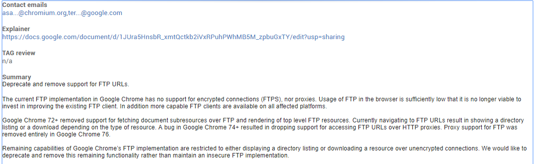 Chrome开始移除FTP支持