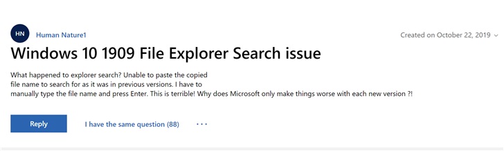 Windows 10更新曝新Bug：资源管理器搜索框右键失灵