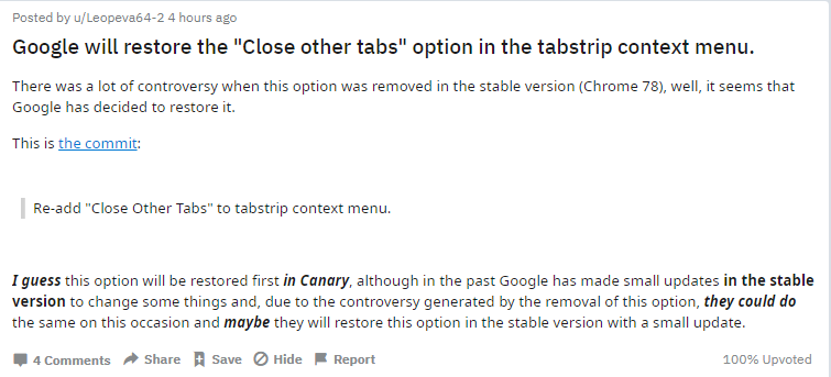 Chrome将恢复“关闭其他选项卡”
