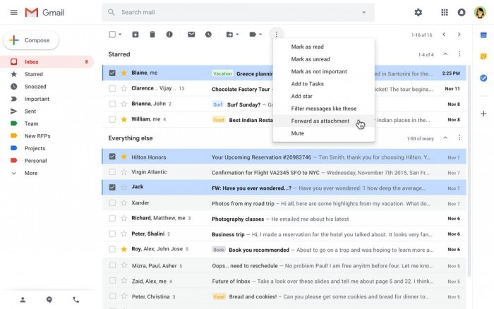 Gmail支持将邮件作为附件发送