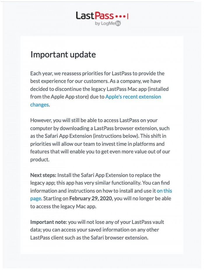 LastPass Mac版将停止支持 转为网页应用