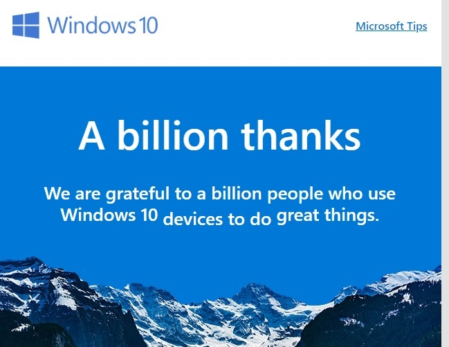 微软旗下网站称Windows 10用户破10亿