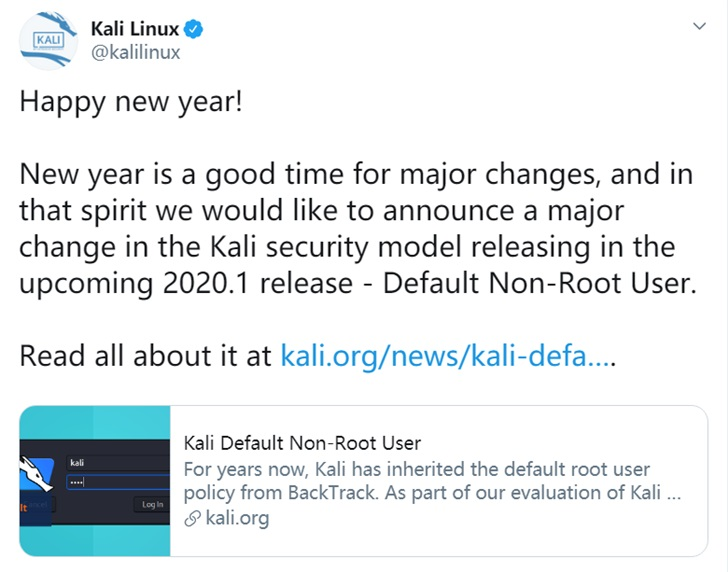 Kali Linux将默认以非root身份运行