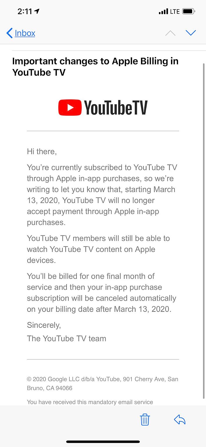 3月开始YouTube TV停止苹果用户应用内付款订阅