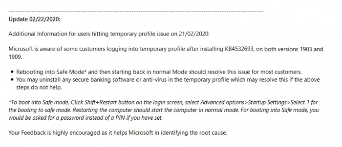 微软为Windows 10 KB4532693更新bug提供临时解决方案