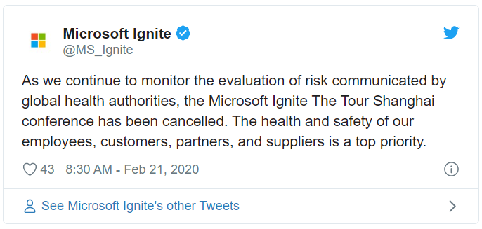 受疫情影响，微软在多个城市取消Ignite The Tour活动