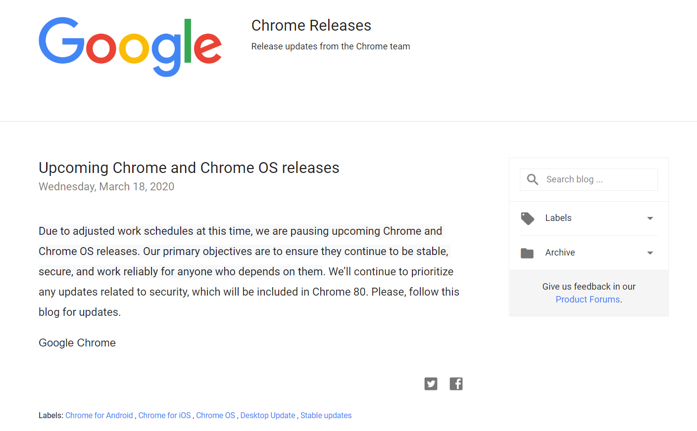 疫情影响，谷歌宣布暂停更新Chrome和Chrome OS