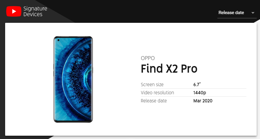 Oppo Find X2 Pro进入「YouTube签名设备」榜