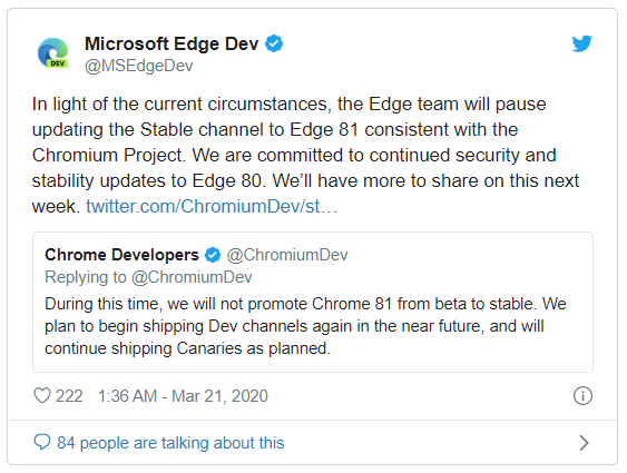 微软宣布暂停Edge浏览器的更新工作
