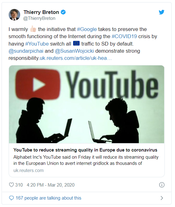 油管宣布降低欧洲流媒体传输质量：减少互联网负载