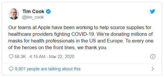 苹果宣布为抗疫捐赠数百万个N95口罩