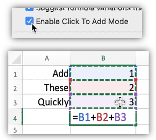 该屏幕快照显示了“单击添加模式”首选项和一些单元格，其中有一个简单的公式添加了一些单元格。