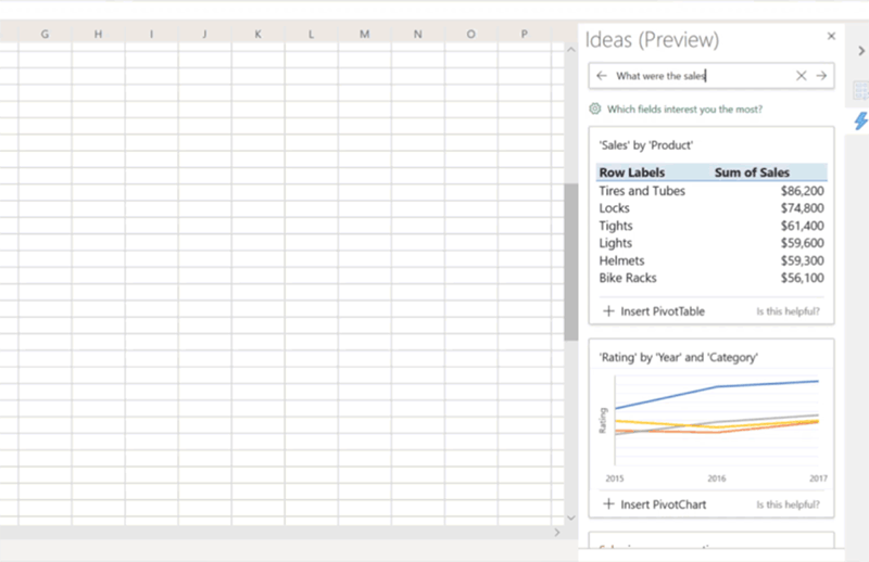 该图显示了Excel for Windows 32 Desktop Insiders快速构建中的自然语言查询功能。