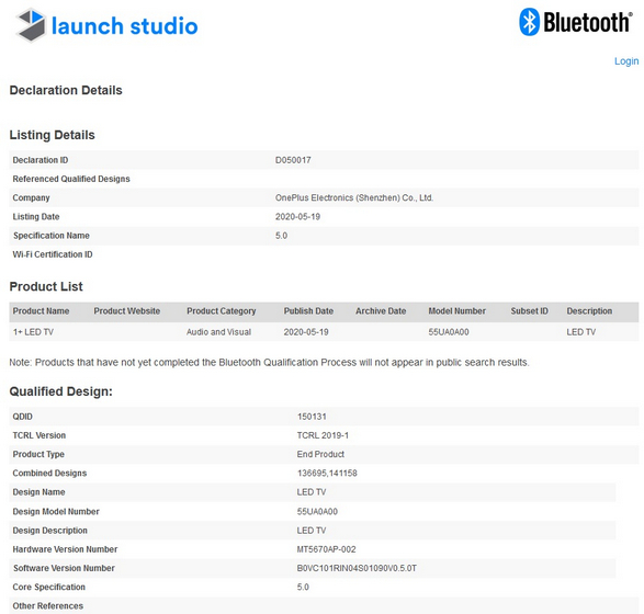 一加智能电视新品曝光：通过蓝牙SIG认证