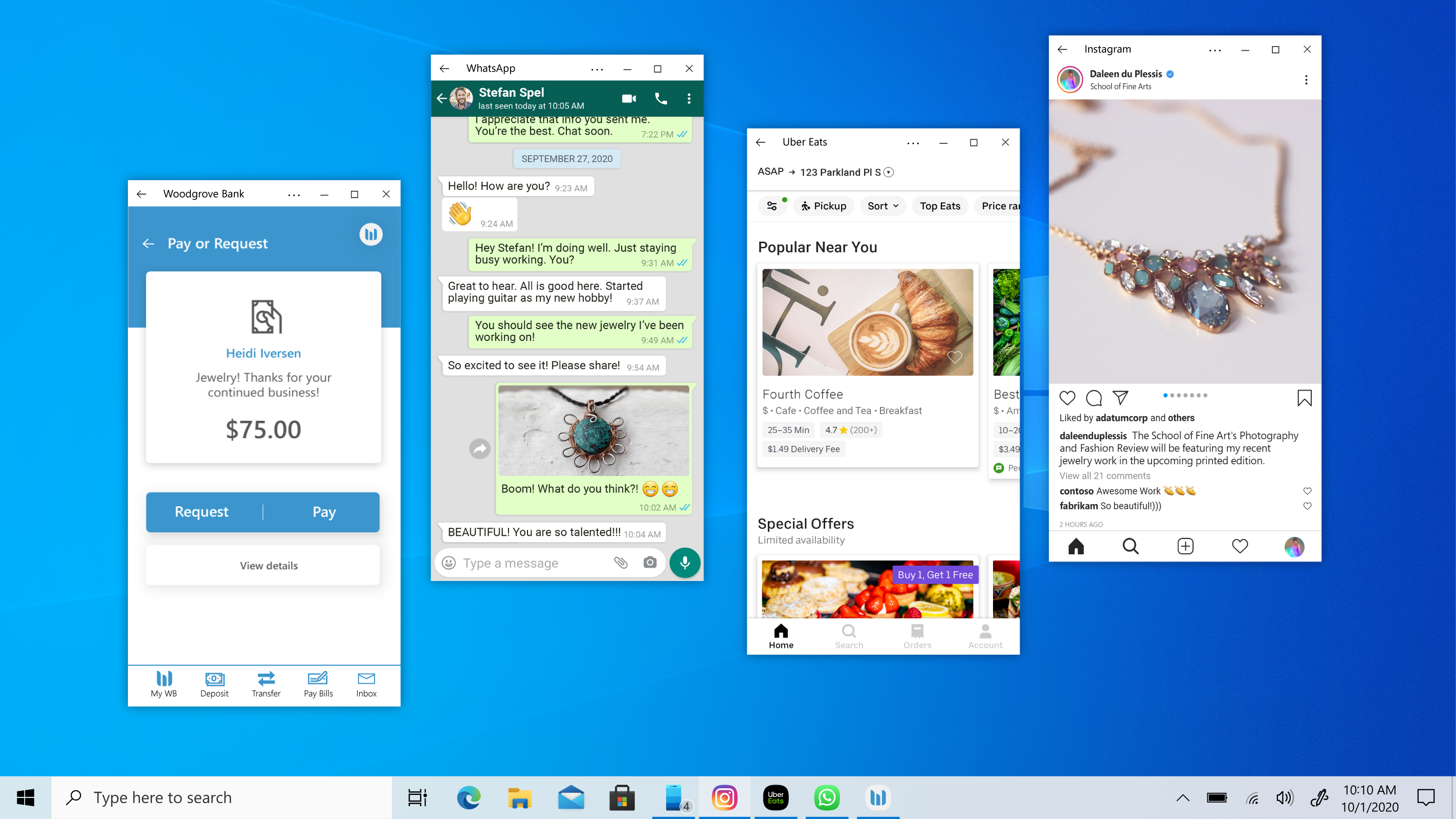 屏幕显示在Windows10 PC上作为单独的应用程序并排打开的电话应用程序。