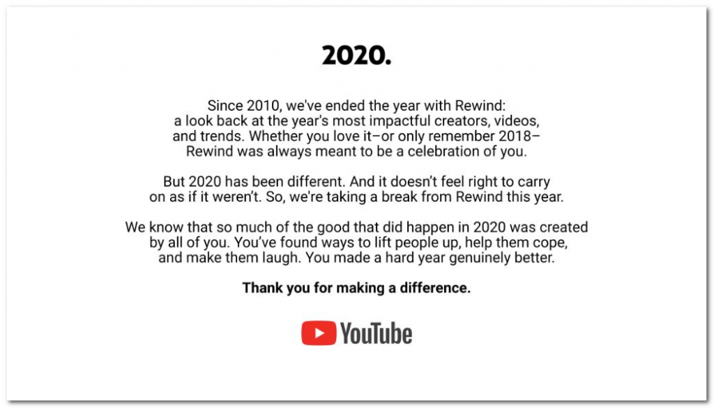油管取消年度回顾YouTube Rewind 2020