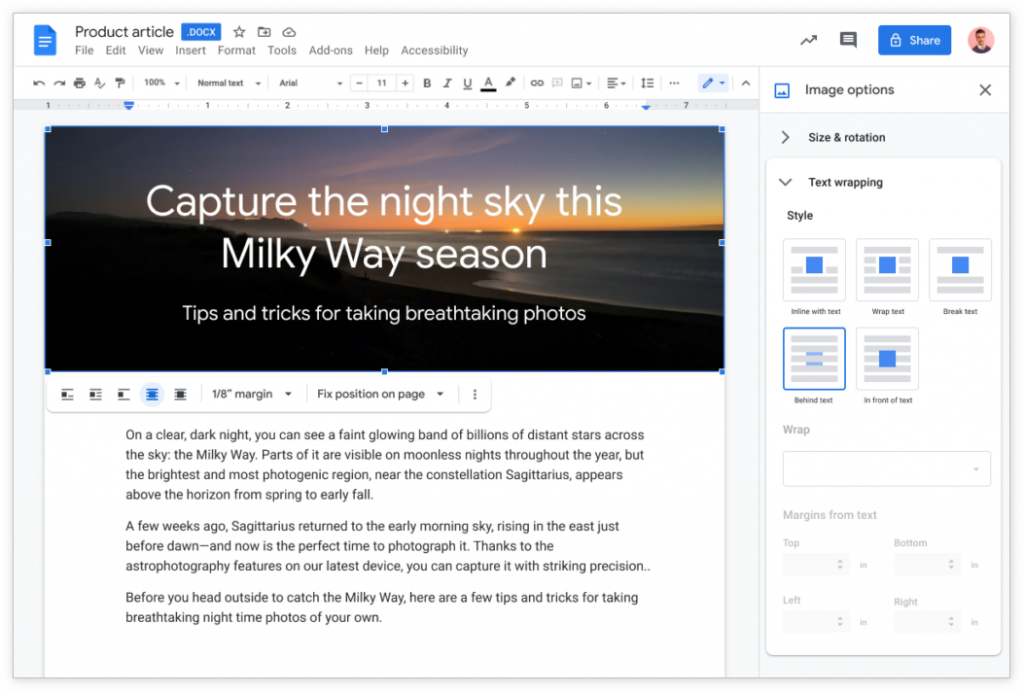 谷歌更新Google Docs：增强图片排版功能