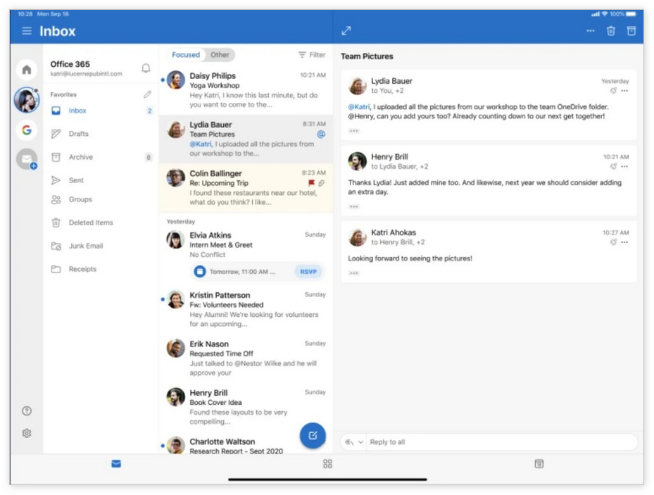 iPad版Outlook引入三栏模式，一次查看更多内容