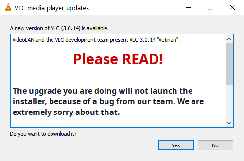 VLC 3.0.14更新提示
