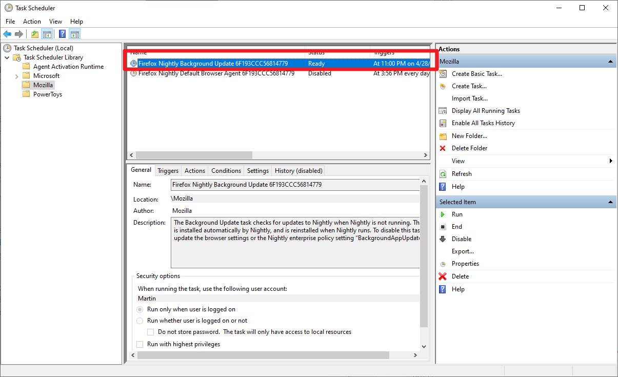 Firefox每晚的Windows背景更新