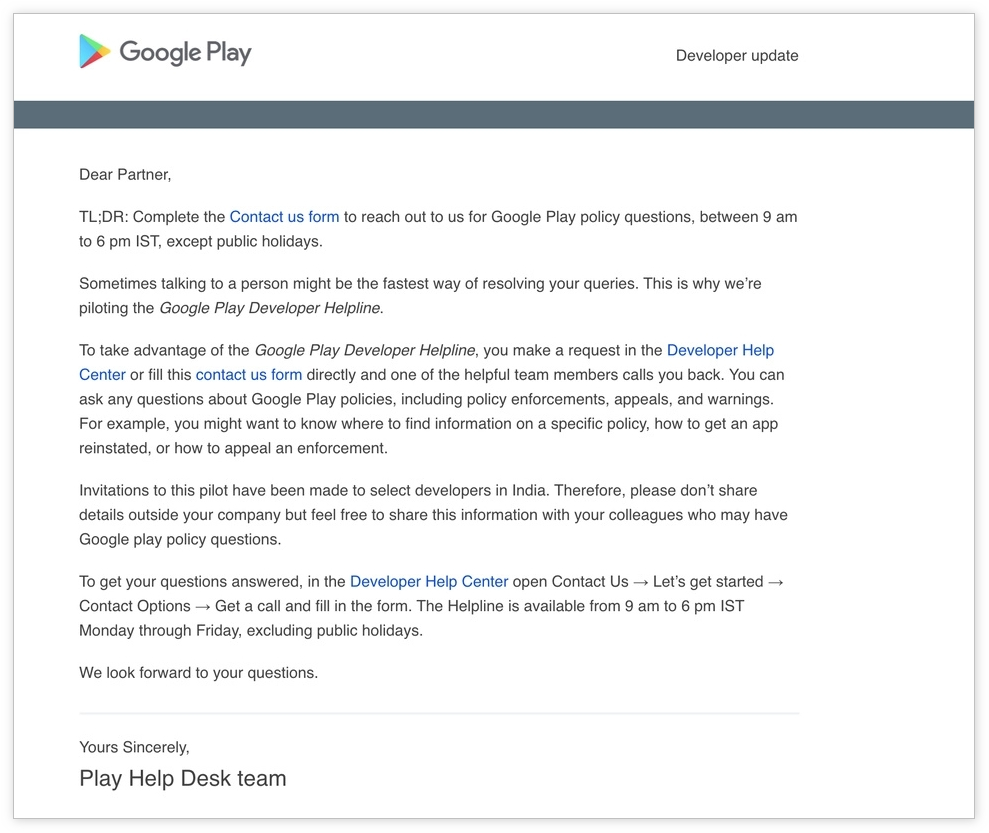 谷歌试运行开发者服务热线，帮解答Play商店政策问题