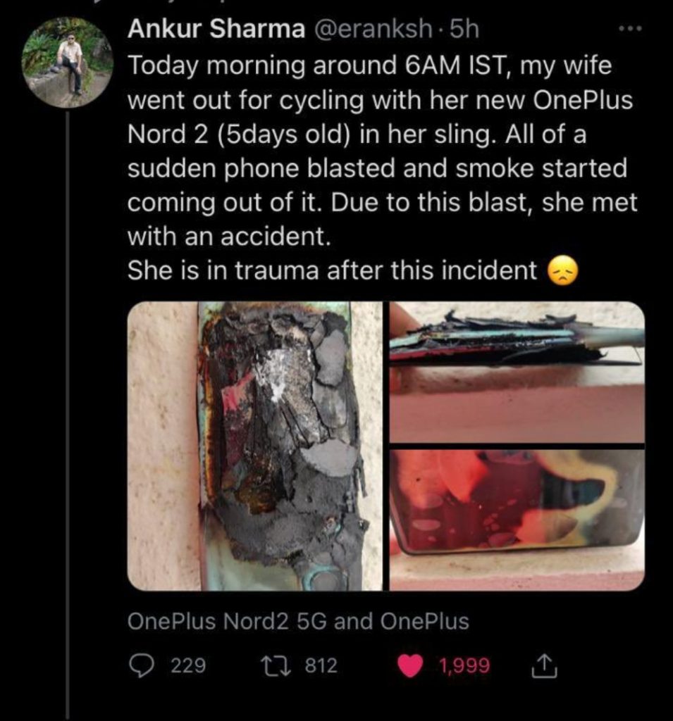 海外用户发文称遭遇OnePlus Nord 2爆炸  一加：正在调查