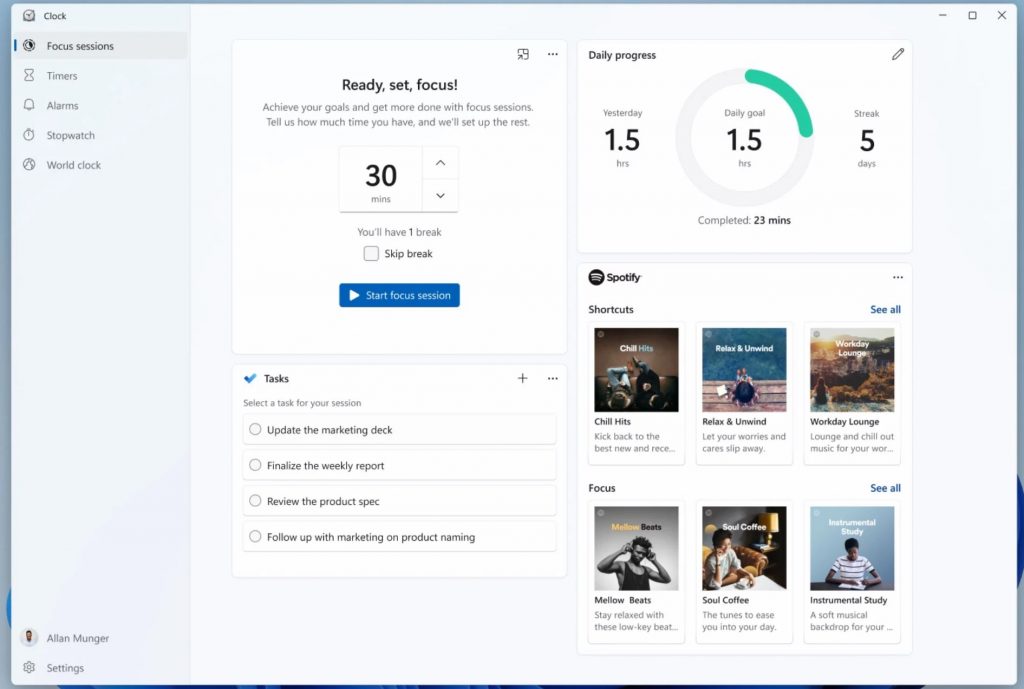 Win11第七个预览版发布：“时钟”应用新增“Focus Sessions” 功能