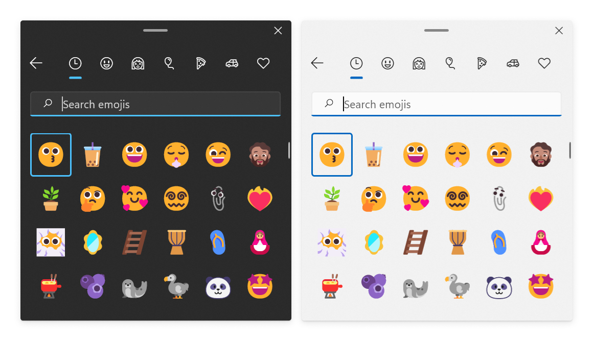 出现在 Windows 11 表情符号面板中的新表情符号和刷新的表情符号。