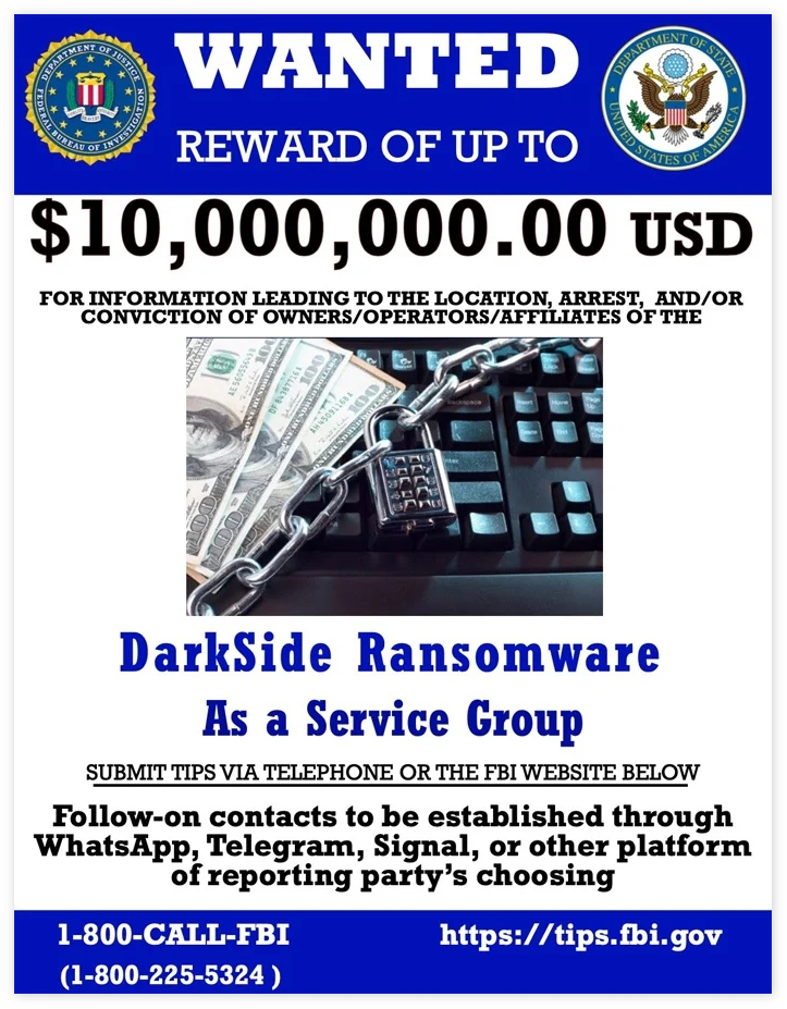 美官方悬赏1000 万美元，追查DarkSide 勒索软件线索