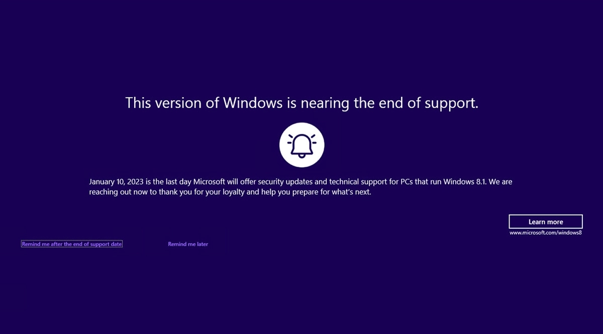 微软推送通知：将停止支持Windows 8.1