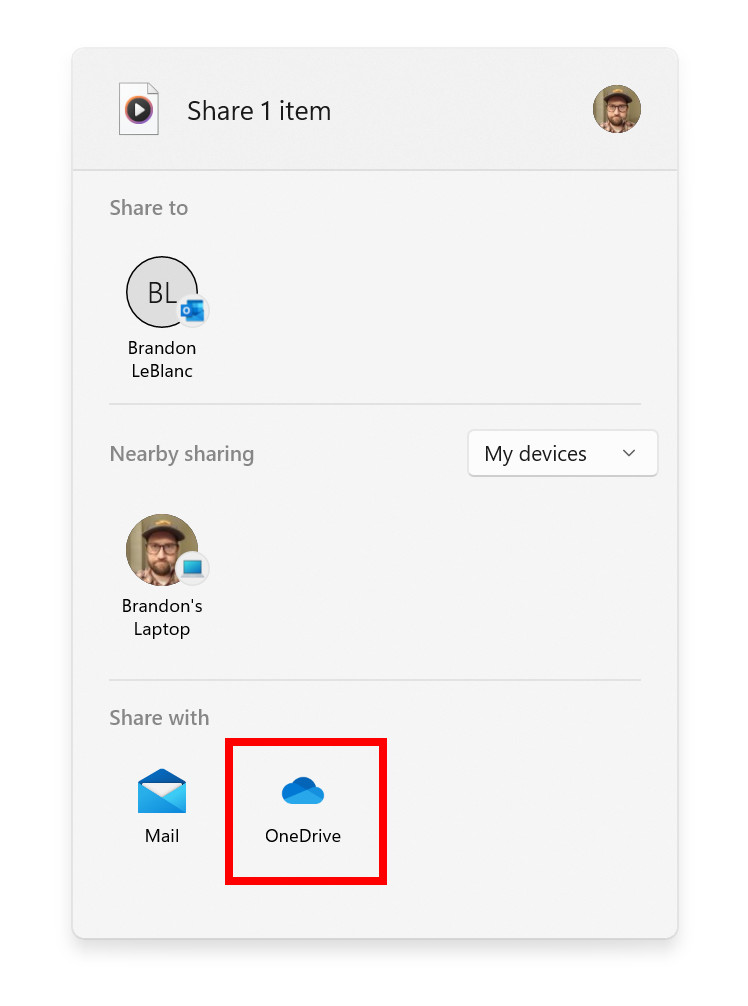 您可以选择 OneDrive 作为目标，通过内置的 Windows 共享窗口将文件直接上传到 OneDrive。