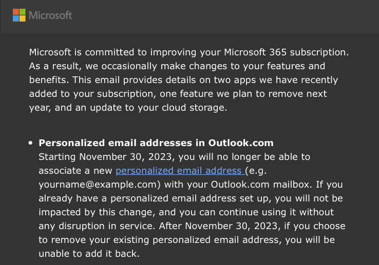 微软Outlook宣布将于2023年底终止提供域名邮箱服务