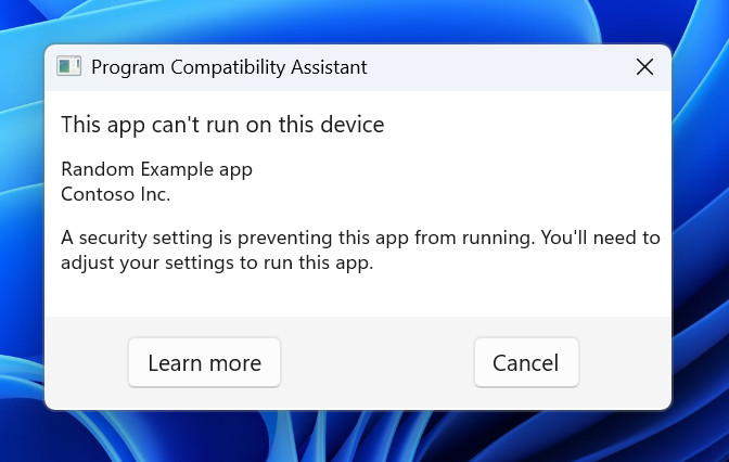 当应用程序存在已知兼容性问题时显示的对话框现在使用新的 Windows 11 设计。