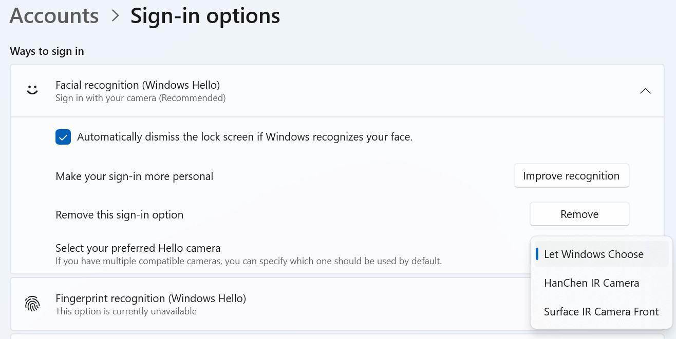 在您首选的相机的登录设置中显示一个新的下拉菜单，说“让 Windows 选择”或让您选择相机。