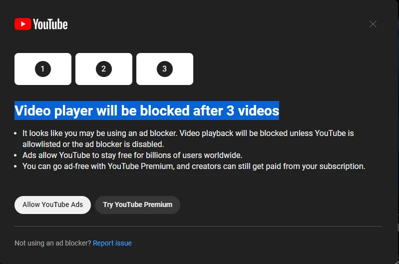 YouTube提示用户禁用广告拦截器