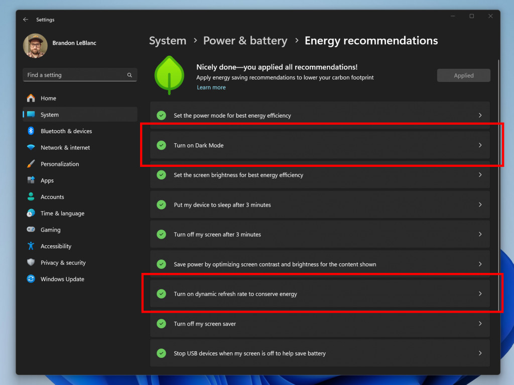 2 additional energy recommendations for turning on dark mode and adjusting refresh rate to conserve energy.