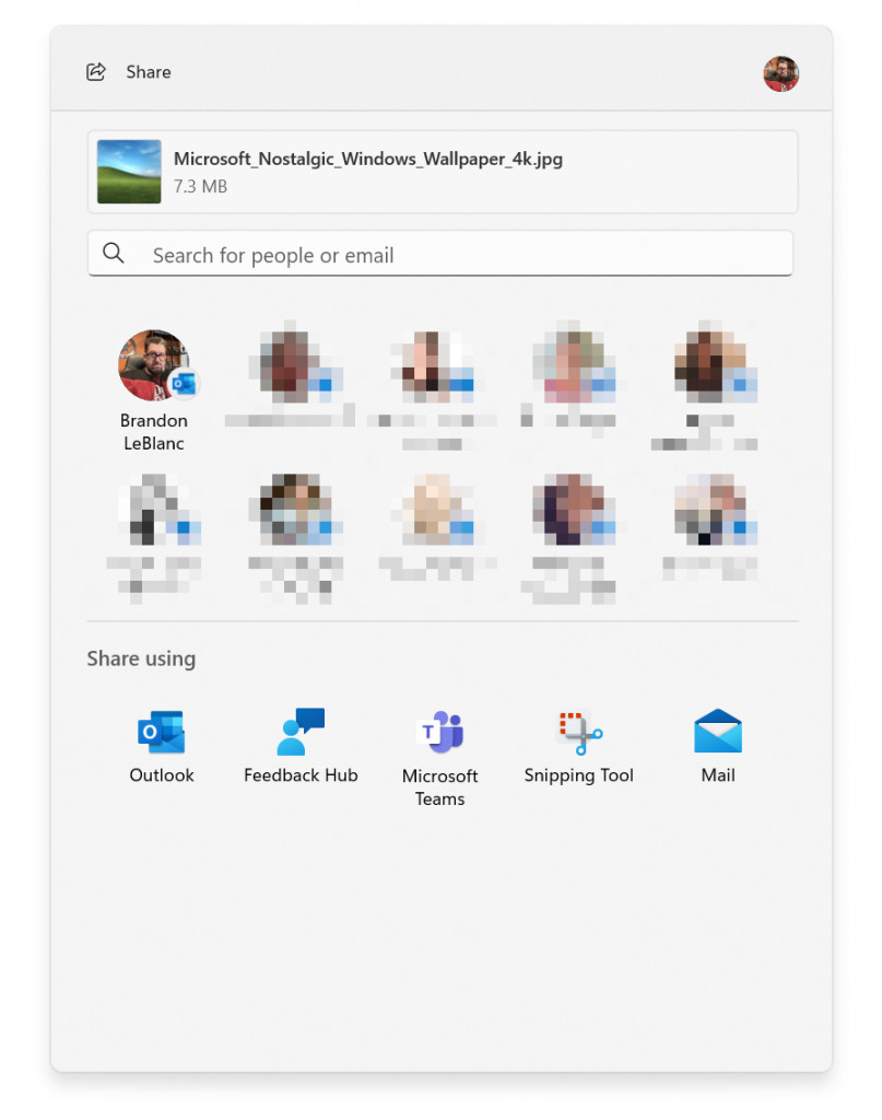 Updated Windows share window with new search box, more suggestion contacts, and Outlook share.